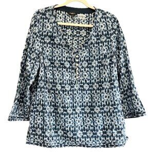 Talbots Abstract Print V-Neckline Button Front Blouse Top Women Large Blue